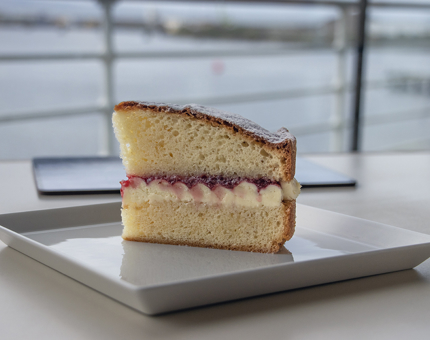 A slice of Victoria sponge cake in the Tearoom. 