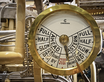 The highly polished telegraph in Fingal's Engine Room. 