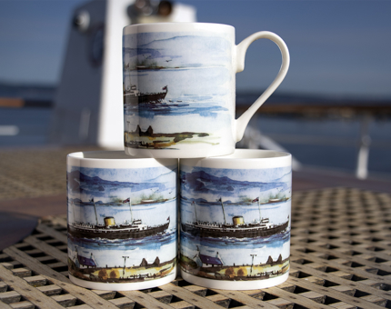 A group of mugs with a illustrated design of Britannia sailing in the Western Isles.