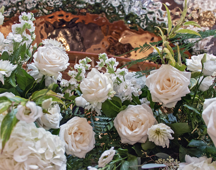 Beautiful flowers adorn the Ballroom for a private event held on board.