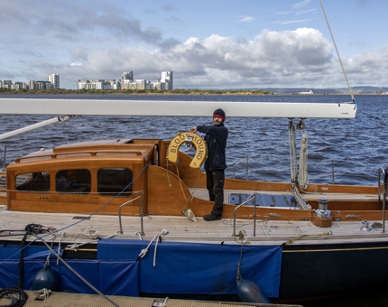 Nico checking equipment aboard Royal Racing Yacht Bloodhound ahead of sea trials.