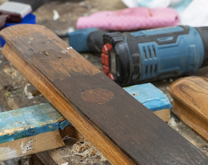 A close-up of the handrail work. 