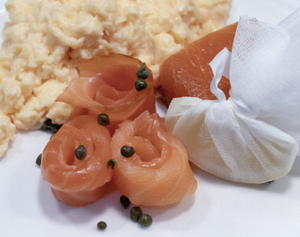 A breakfast starter dish at Fingal comprising of smoked salmon and scrambled egg. 