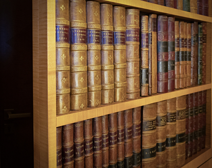 A close up of the faux bookcase that provides access into the adjoining cabin.