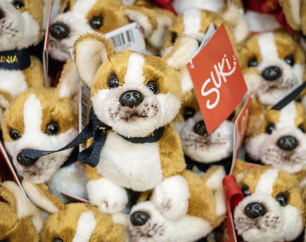 A basketful of cuddly corgi dog toys. 