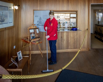 Woman standing in red jacket 