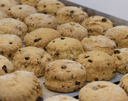 A tray from the oven containing fruit scones. 