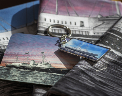 Illustrated Britannia souvenirs coasters, keyrings and teatowels.