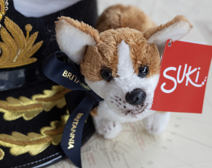 A miniature cuddly Corgi dog toy next to a uniform hat. 