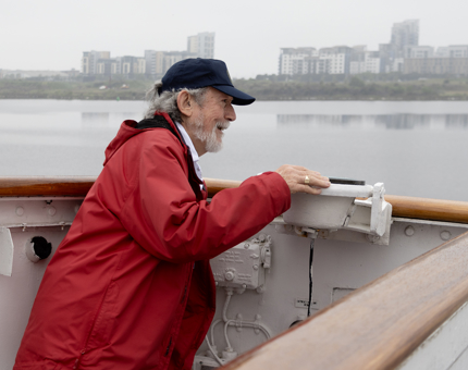 A Yottie standing on the Pilot Bridge, taking coordinates.