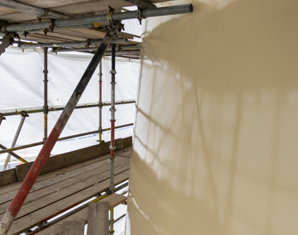 The funnel of The Royal Yacht Britannia with scaffolding around it