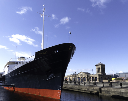 The exterior of Fingal, against the backdrop of a bright blue sky. 
