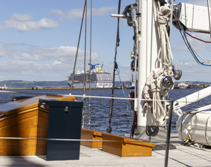 A large cruise liner moored in Leith. 