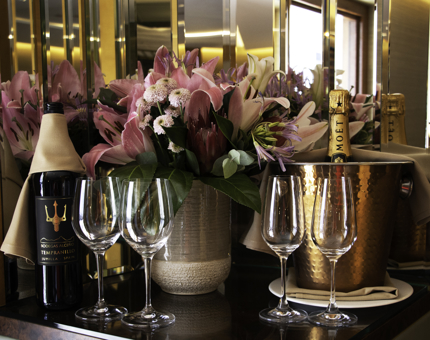 Flowers in Champagne in a cabin at Fingal. 