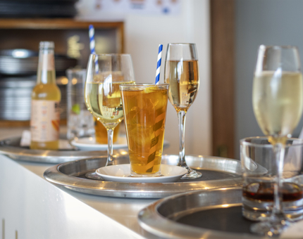 Drinks on the bar in the Royal Deck Tearoom.