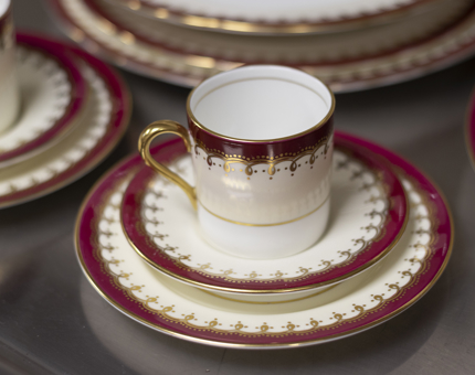 A closeup of a china tea cup and saucer. 