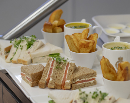 Platters of sandwiches, soups and wedges. 