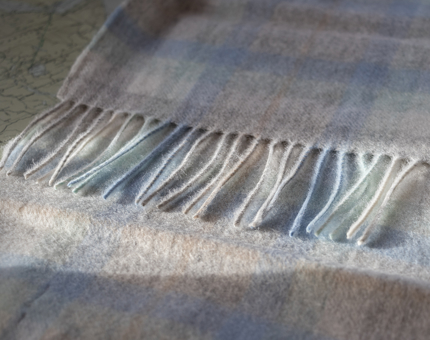 A light blue and purple tartan scarf.