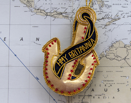 A gold anchor Christmas ornament.