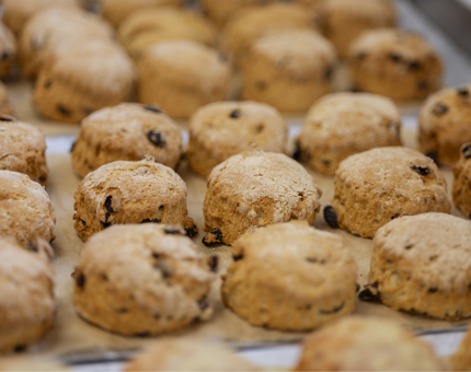 A tray of fruit scones fresh out of the oven. 
