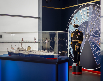 A lego model of Britannia is in the foreground. Behind it is a mannequin dressed in an Admiral's uniform. 