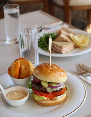 burger on a plate in the tearoom