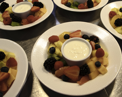 Fruit and yoghurt served at Breakfast