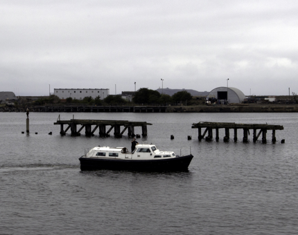 Leith Harbour view with a boat in the foreground. 