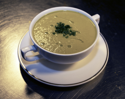 a bowl of sweet potato and lemongrass soup.