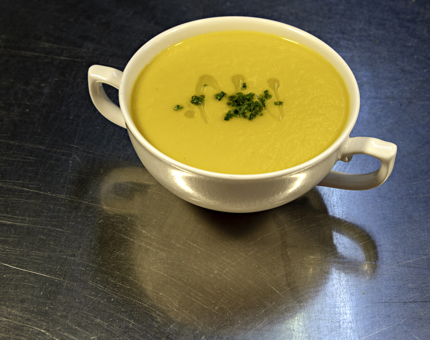 A bowl of butternut squash soup in the Galley. 