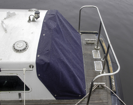 Aerial view of the Fast Motor Launch new rain cover being tested on a rainy day. 