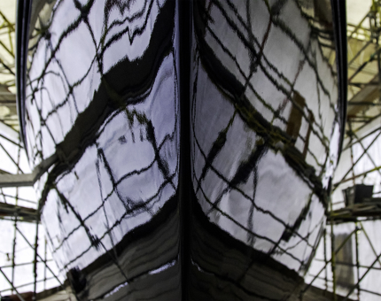 Front view of the hull of Bloodhound with a reflection.