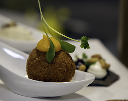 Oxtail croquette topped with carrot purée from Fingal's festive Afternoon Tea.