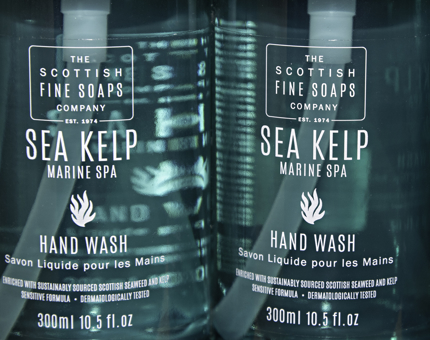 A close-up of blue Scottish Fine Soaps Company Sea Kelp handwashes. 