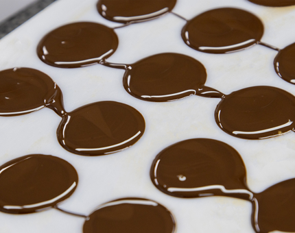 A close-up of small chocolate discs poured into a mould. 