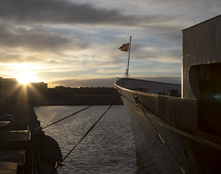 Winter sun sets on the bow of Britannia. 