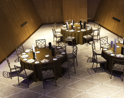 The Ballroom at Fingal with tables set for dinner. 