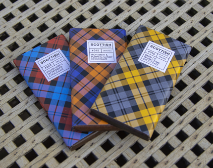 Three bars of Scottish-themed chocolate from the Scottish Collection. 