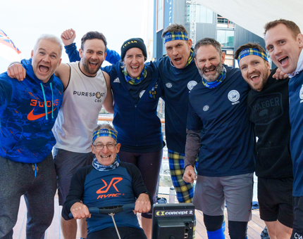 Dame Katherine Grainger with her Coxless 8 team, including Ollie Phillips and supported by rugby legend Rory Lawson and Doddie's brother, Chris Weir. 