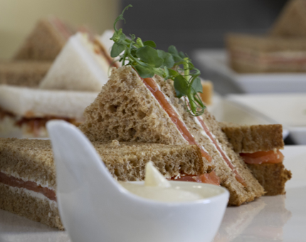 A close-up of a smoked salmon sandwich. 