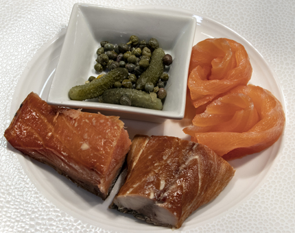 A Scottish smoked fish starter breakfast plate at Fingal including smoked salmon and capers.