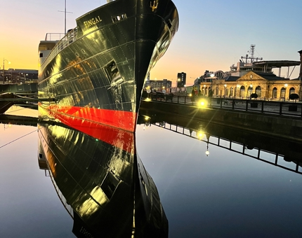 An exterior view of Fingal at twilight. 