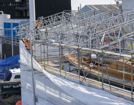 The scaffolding surrounding Bloodhound being removed. 