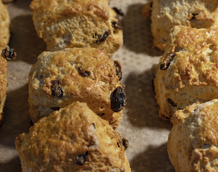 A close-up of freshly baked fruit scones. 