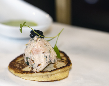 A miniature hot smoked salmon, potato pancake from Afternoon Tea at Fingal.