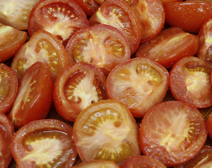 A close-up of roasted tomatoes. 