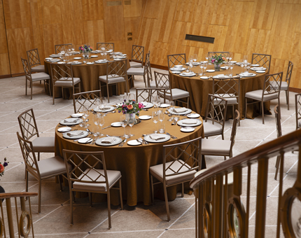 Round tables set for an event in Fingal's Ballroom.