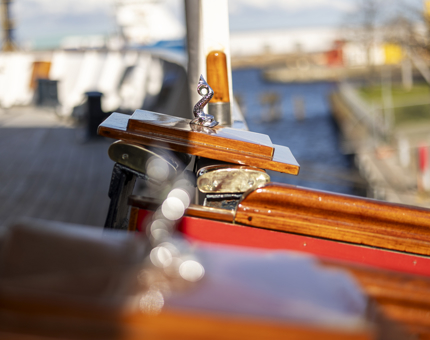 A close up of the top of the Royal Brow, there are small silver dolphin details.