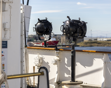 A pair of signal lamps stationed on the Bridge.